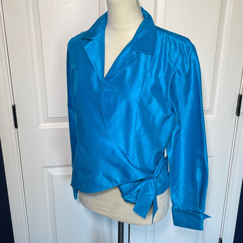 NWT‎ Kate Hill Bright Teal Sulk Satin Wrap Blouse Tie Front Size 14 Petite